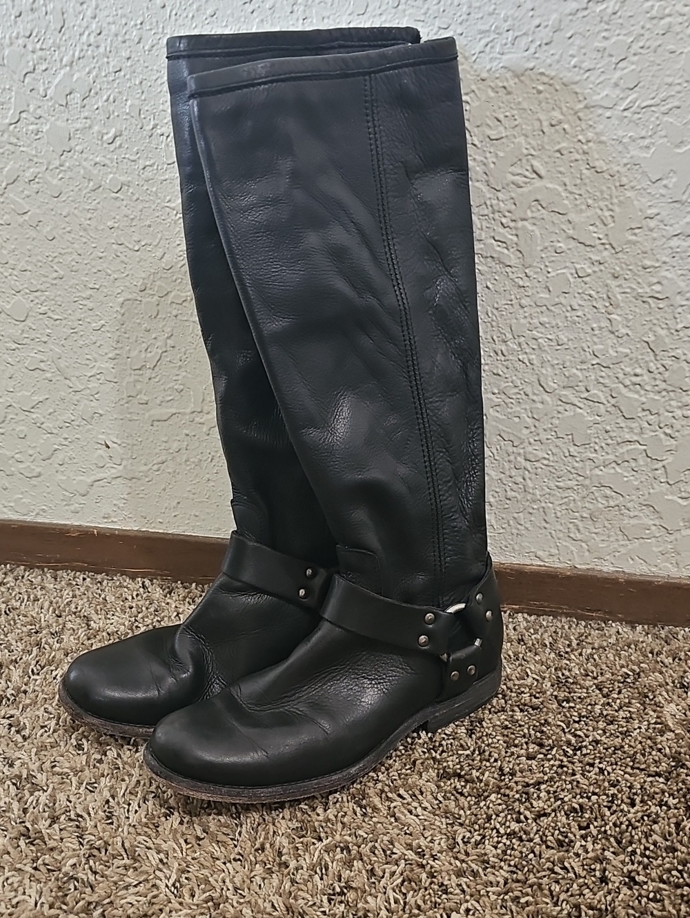 Frye Black Leather Over-the-Knee Harness Boots